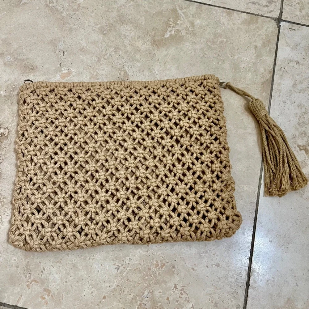 Boho‎ Macrame Tassel Clutch Bag Tan Geometric Woven Zipper Pouch Summer Festival